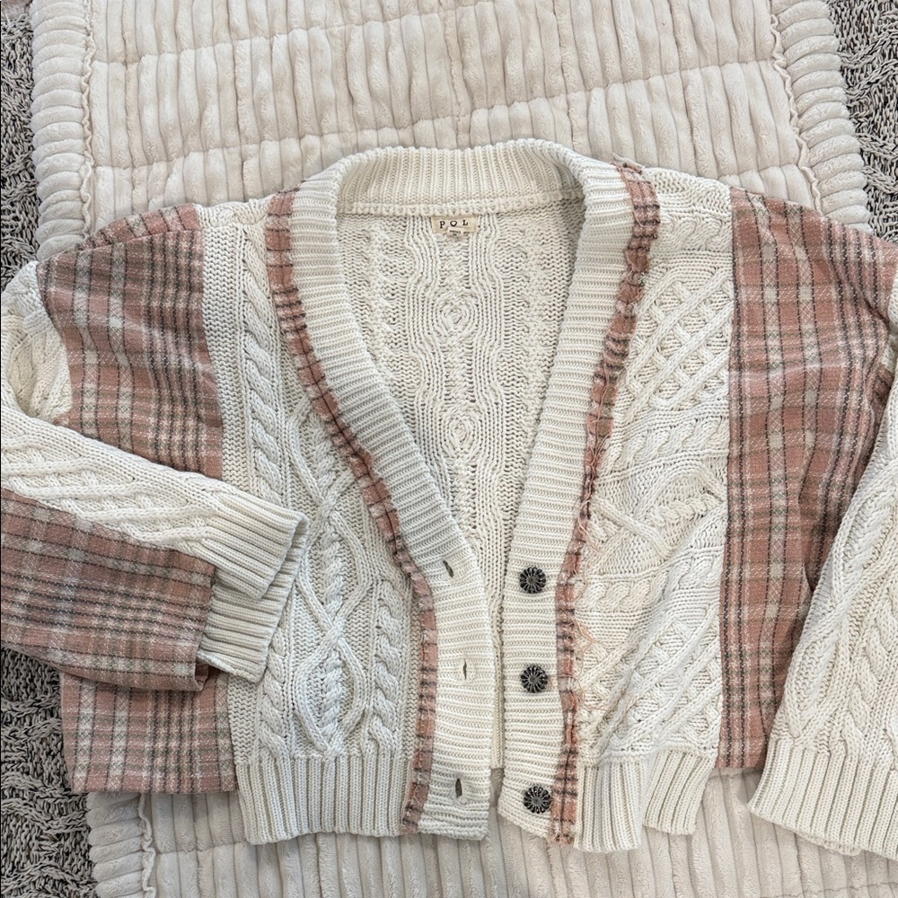POL sweater cardigan with plaid and ornate button detail